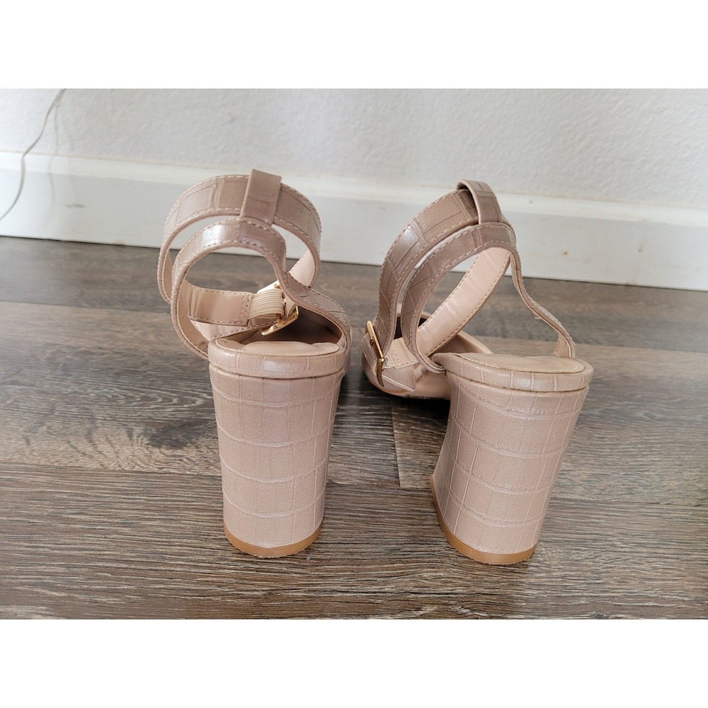 Bebo Daisy Beige Croc Embossed Pointed Toe Block Heel Ankle Strap Pumps 5 #2 - Picture 4 of 6